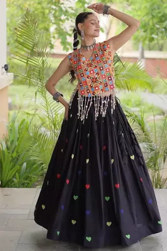 Navratri Black Cotton Poly Embroidered Lehenga Choli