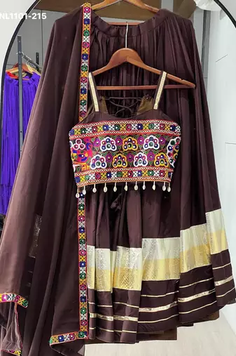 Navratri Brown Cotton Poly Plain Lehenga Choli