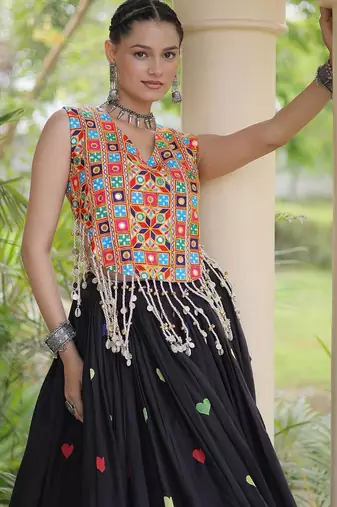Navratri Black Cotton Poly Embroidered Lehenga Choli