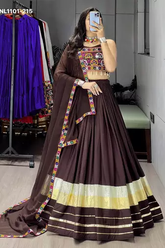Navratri Brown Cotton Poly Plain Lehenga Choli