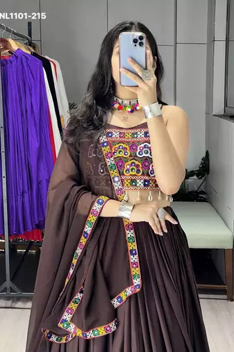 Navratri Brown Cotton Poly Plain Lehenga Choli