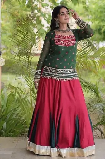 Navratri Red Rayon Plain Lehenga Choli