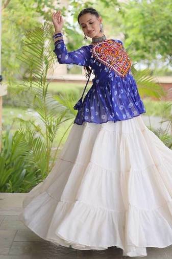 Navratri White Cotton Poly Plain Lehenga Choli