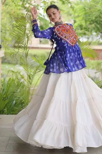 Navratri White Cotton Poly Plain Lehenga Choli