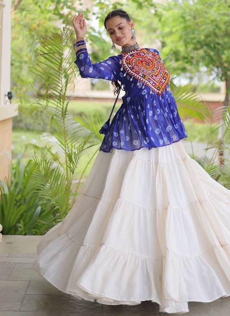 Navratri White Cotton Poly Plain Lehenga Choli