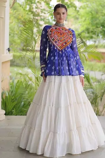 Navratri White Cotton Poly Plain Lehenga Choli