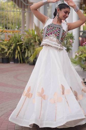 Navratri White Silk Blend Printed Lehenga Choli