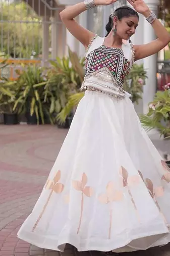 Navratri White Silk Blend Printed Lehenga Choli