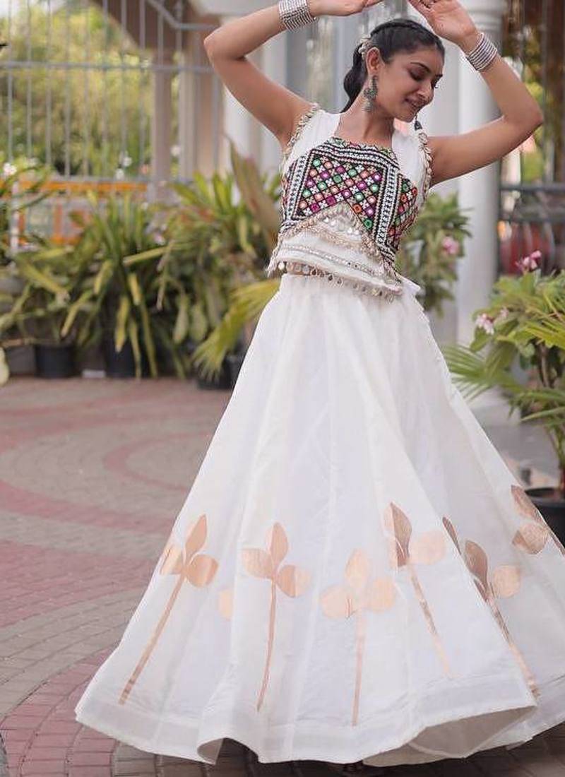 Navratri White Silk Blend Printed Lehenga Choli