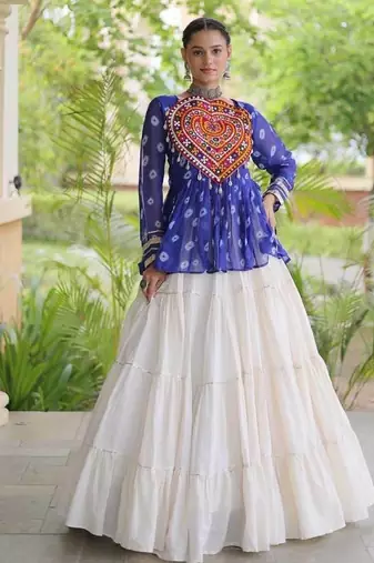 Navratri White Cotton Poly Plain Lehenga Choli