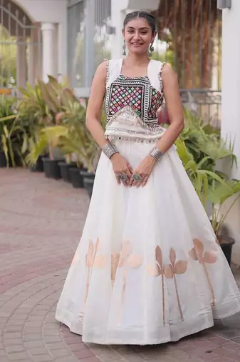 Navratri White Silk Blend Printed Lehenga Choli