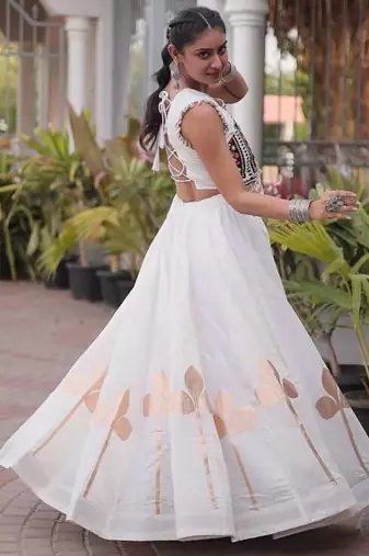 Navratri White Silk Blend Printed Lehenga Choli