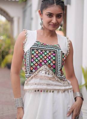 Navratri White Silk Blend Printed Lehenga Choli 4
