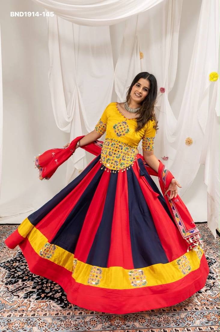 Navratri Multicolor Cotton Poly Embroidered Lehenga Choli - full stitched free size