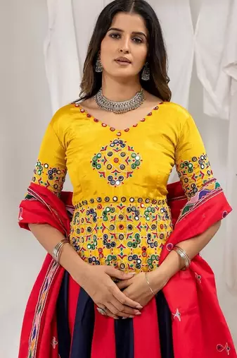 Navratri Multicolor Cotton Poly Embroidered Lehenga Choli - full stitched free size