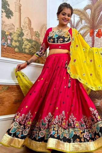 Navratri Rani Pink Rayon Embroidered Lehenga Choli - full stitched free size