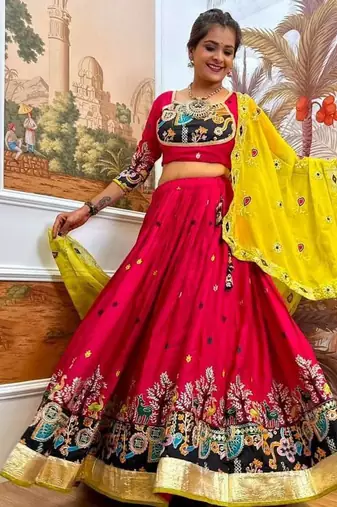Navratri Rani Pink Rayon Embroidered Lehenga Choli - full stitched free size