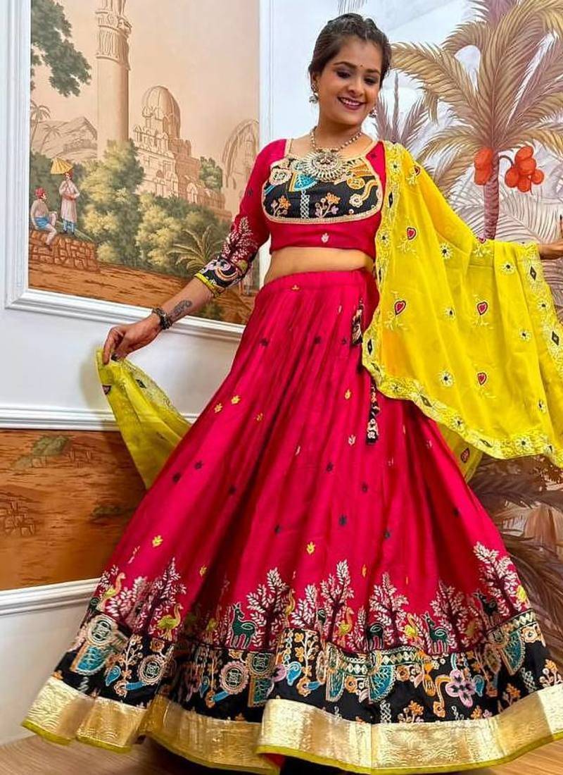 Navratri Rani Pink Rayon Embroidered Lehenga Choli - full stitched free size