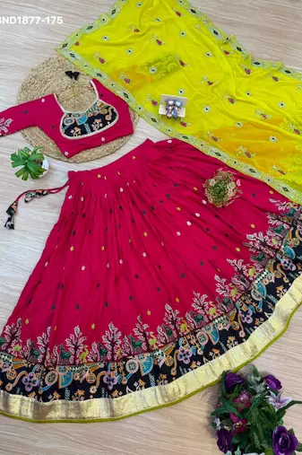 Navratri Rani Pink Rayon Embroidered Lehenga Choli - full stitched free size