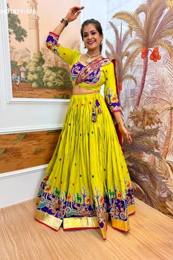 lime rayon embroidered navratri lehenga choli set 