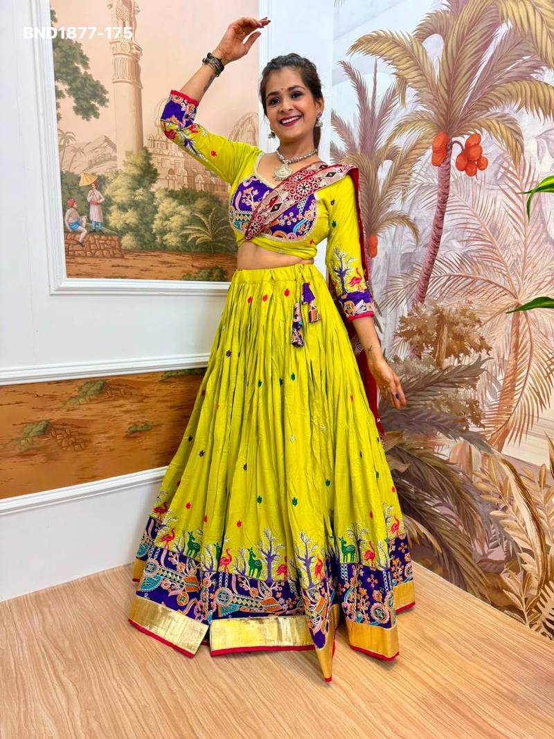 Navratri Lime Rayon Embroidered Lehenga Choli - full stitched free size