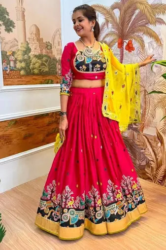 Navratri Rani Pink Rayon Embroidered Lehenga Choli - full stitched free size