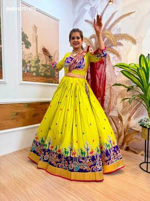 Navratri Lime Rayon Embroidered Lehenga Choli - full stitched free size 2