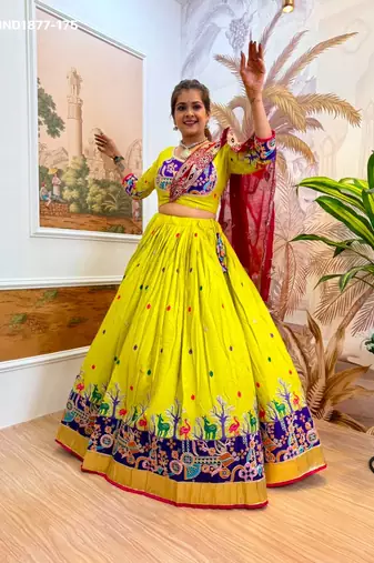 Navratri Lime Rayon Embroidered Lehenga Choli - full stitched free size