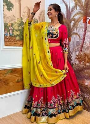 Navratri Rani Pink Rayon Embroidered Lehenga Choli - full stitched free size 4