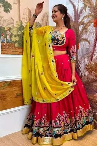 Navratri Rani Pink Rayon Embroidered Lehenga Choli - full stitched free size