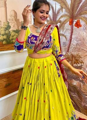 Navratri Lime Rayon Embroidered Lehenga Choli - full stitched free size 3
