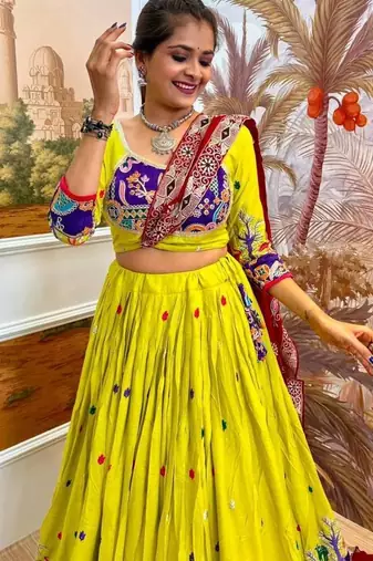Navratri Lime Rayon Embroidered Lehenga Choli - full stitched free size