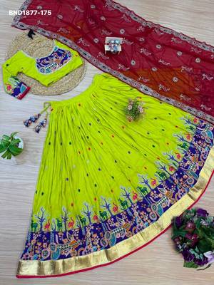 Navratri Lime Rayon Embroidered Lehenga Choli - full stitched free size 4