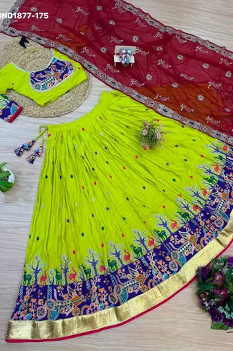 Navratri Lime Rayon Embroidered Lehenga Choli - full stitched free size