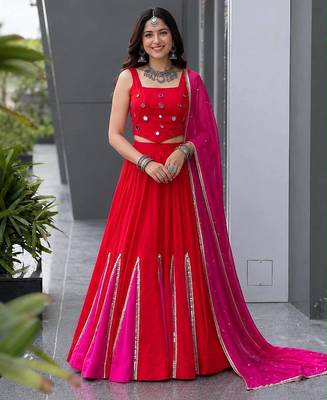 Navratri Red Cotton Poly Plain Lehenga Choli 1