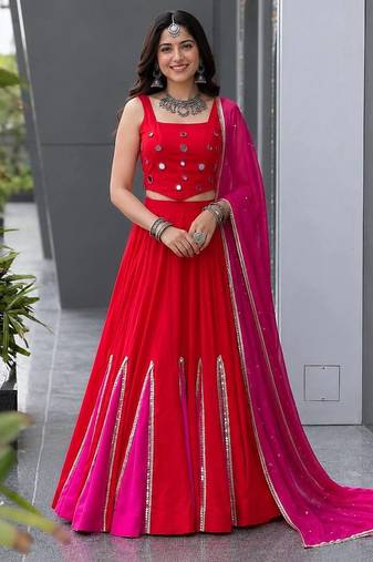 red cotton poly mirror work navratri lehenga choli 