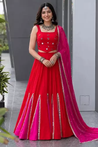 Navratri Red Cotton Poly Plain Lehenga Choli