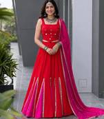 Navratri Red Cotton Poly Plain Lehenga Choli