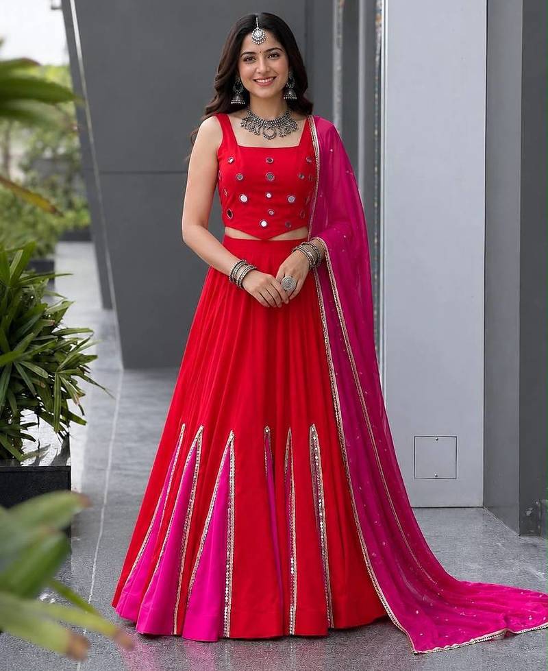 Navratri Red Cotton Poly Plain Lehenga Choli