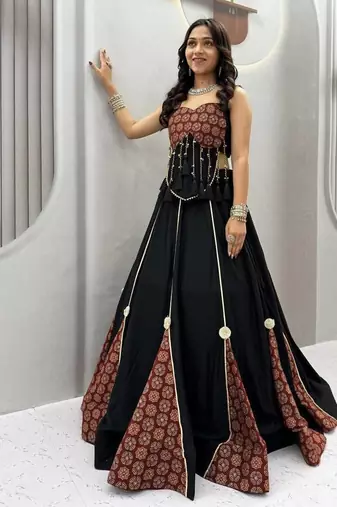 Navratri Black Cotton Poly Printed Lehenga Choli