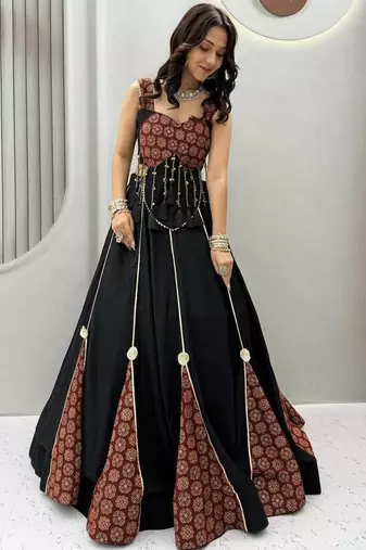 Navratri Black Cotton Poly Printed Lehenga Choli
