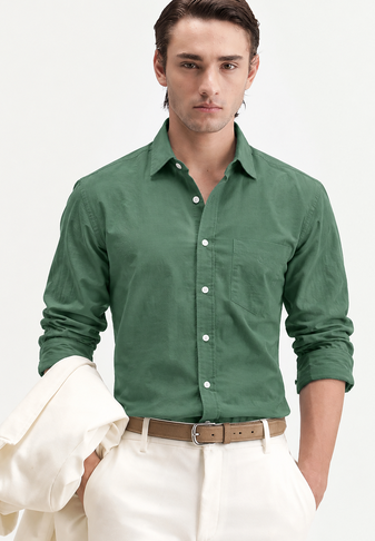 Men's Plain Light Green Spread Collar Cotton Blended Casual Wear Shirt