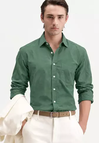 Men's Plain Light Green Spread Collar Cotton Blended Casual Wear Shirt