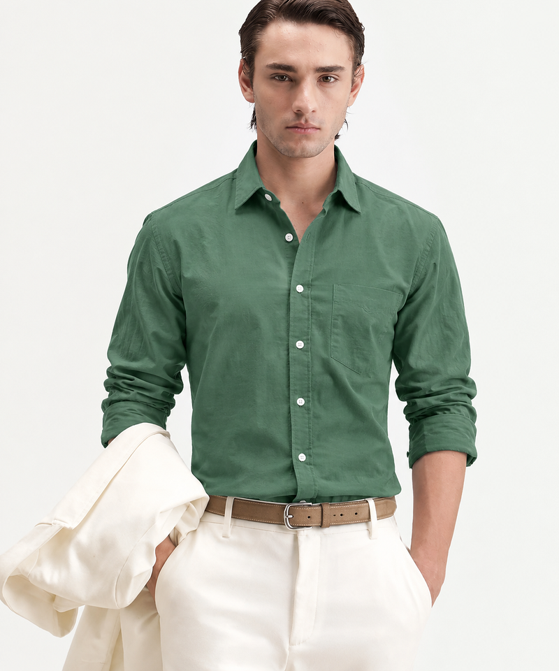 Men's Plain Light Green Spread Collar Cotton Blended Casual Wear Shirt