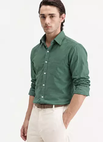 Men's Plain Light Green Spread Collar Cotton Blended Casual Wear Shirt