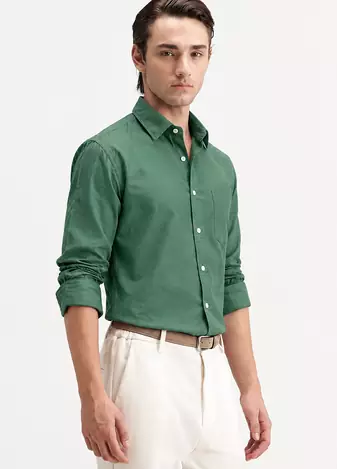 Men's Plain Light Green Spread Collar Cotton Blended Casual Wear Shirt