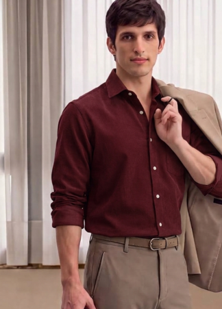 Men's Plain Dark Maroon Spread Collar Cotton Blended Casual Wear Shirt