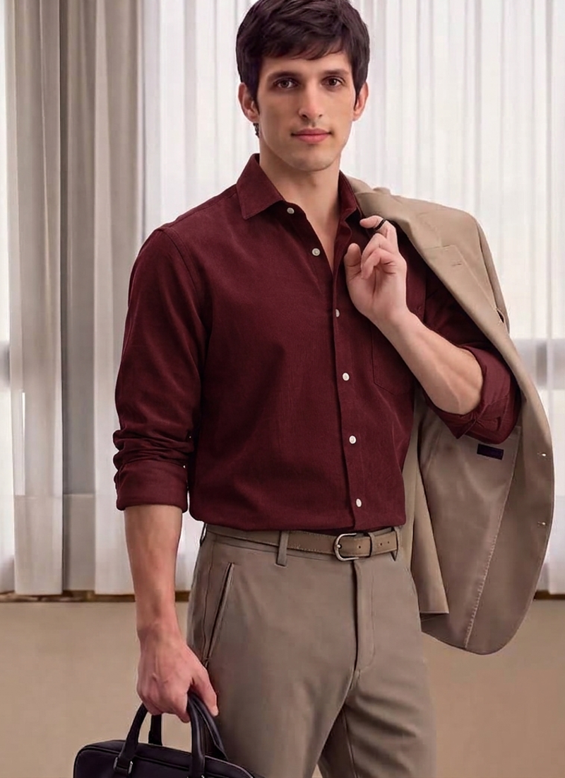 Men's Plain Dark Maroon Spread Collar Cotton Blended Casual Wear Shirt