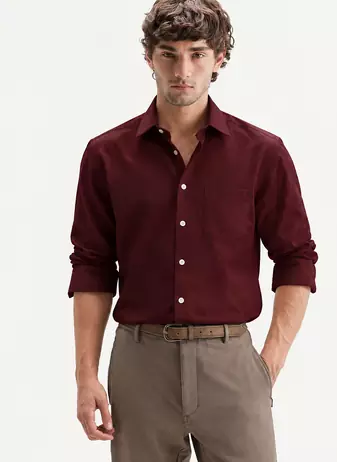 Men's Plain Dark Maroon Spread Collar Cotton Blended Casual Wear Shirt