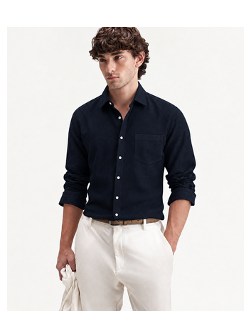 Men's Plain Dark Navy Blue Spread Collar Cotton Blended Casual Wear Shirt 1